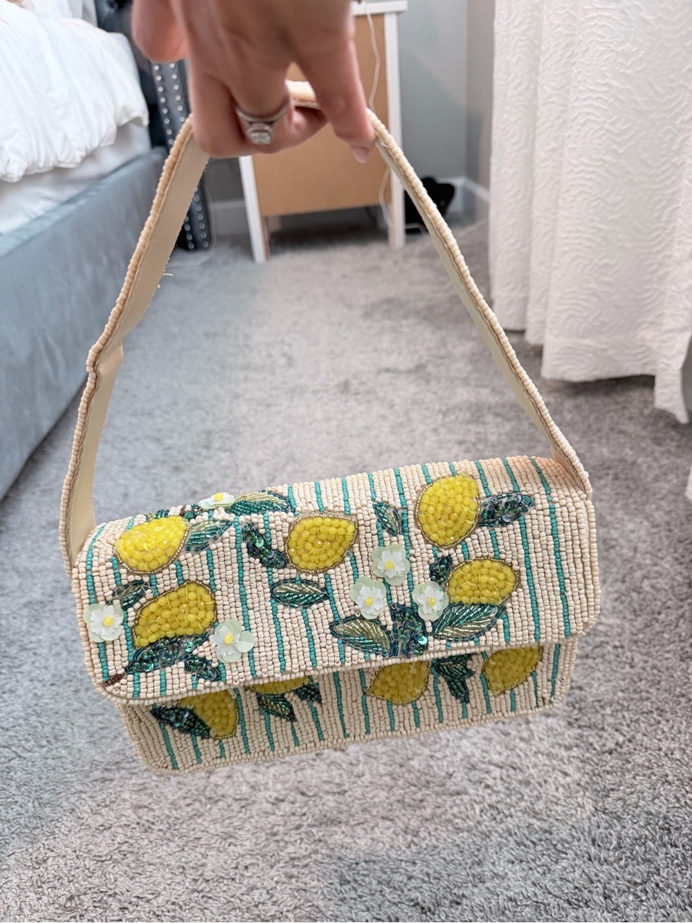 Beaded Lemon Motif Shoulder Bag in Cream and Yellow